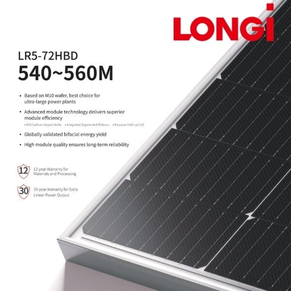 Tấm pin LONGi 2 mặt kính 545W | LR5-72HBD-545M